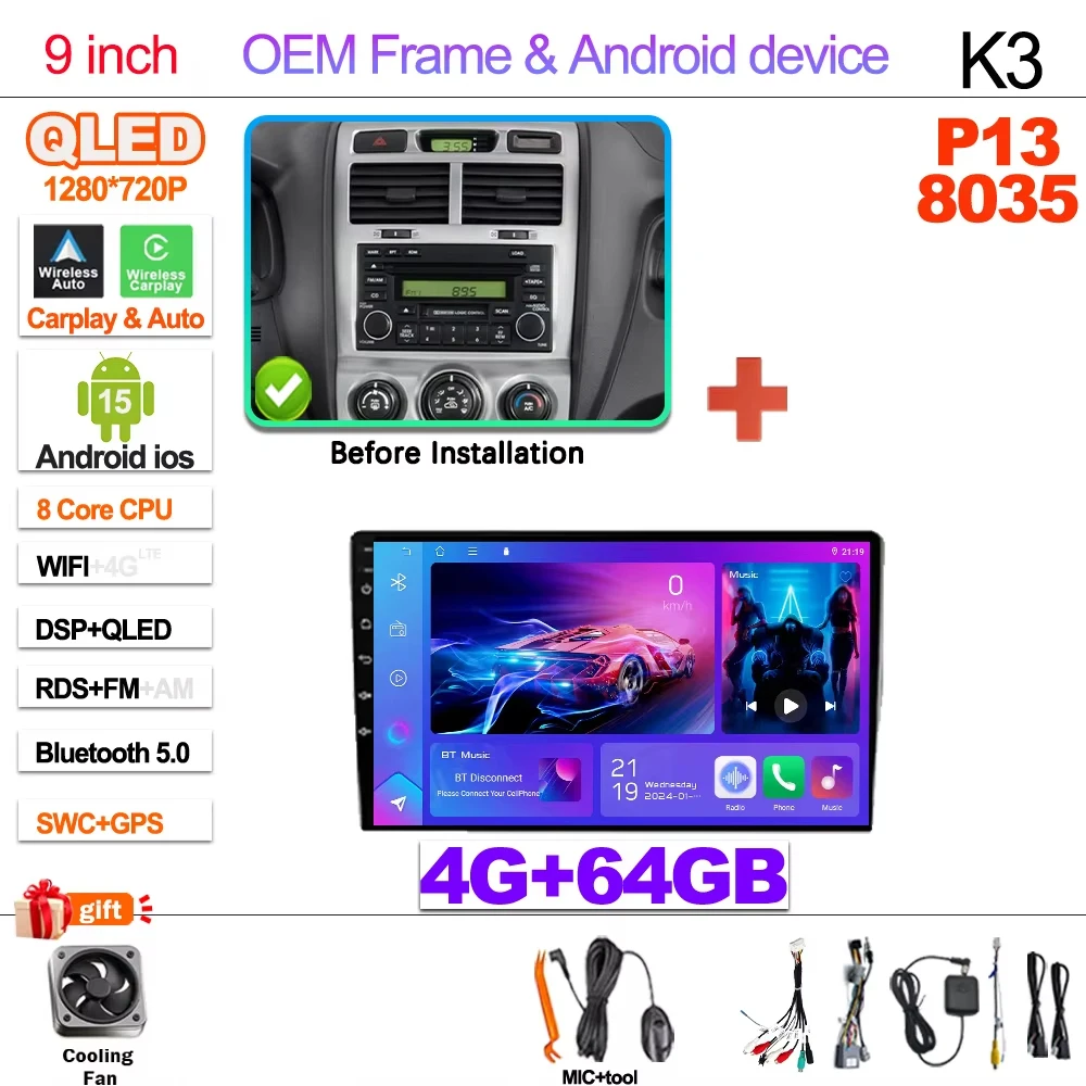 2Din Android 15 Voor Kia Sportage 2 2004-2010 Multimedia Speler Navigatie Carplay Stereo DVD Spiegel Link Stereo Head unit WIFI