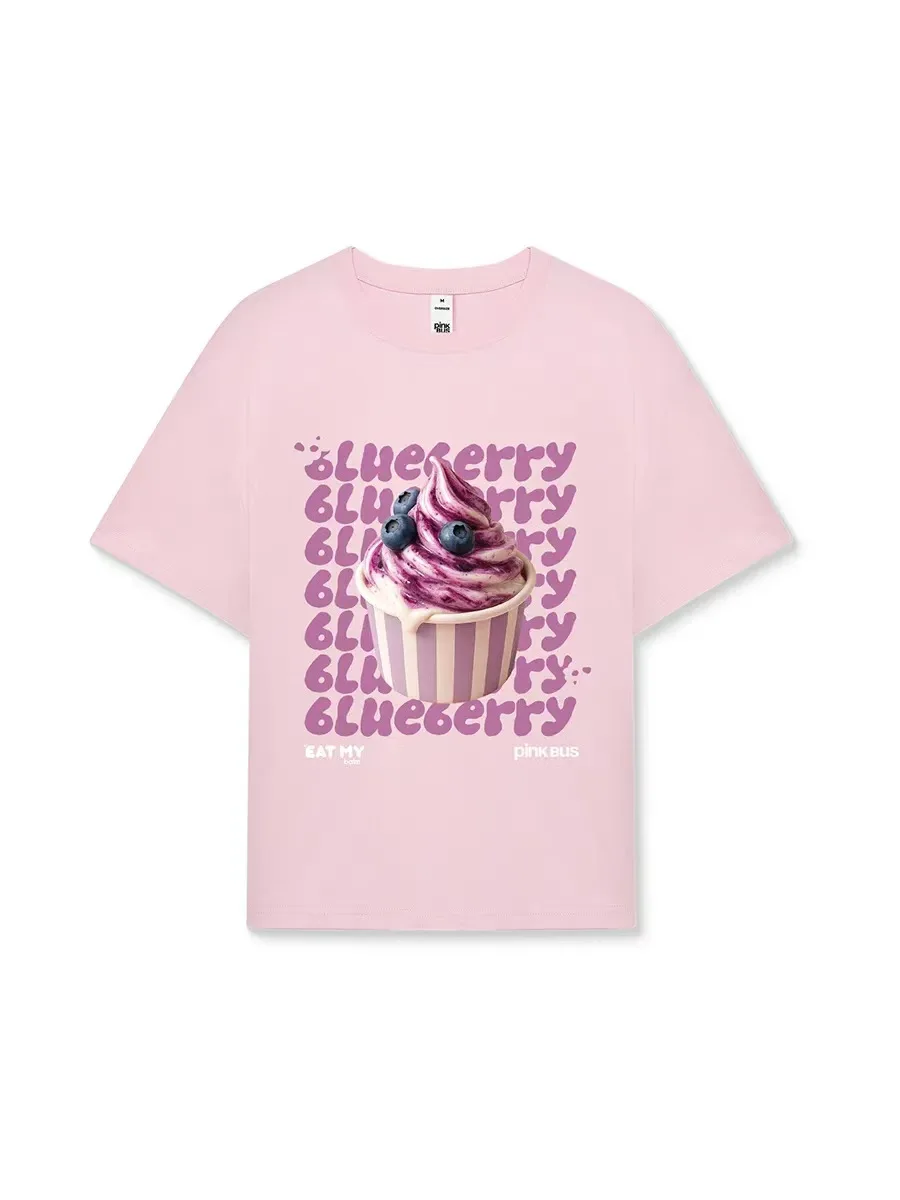 Blueberry Ice Cream Cup Printed Russian Style Pink Sweet Girl Women's Tshirt Clothing Short Sleeve O-neck Y2k Vintage Street Tee - view 5