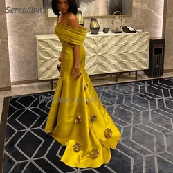 Serendipity Satin Trumpet Evening Dress Floor-Length Off The Shoulder Formal Party Gown With Elegant 3D Flowers For Sexy Women