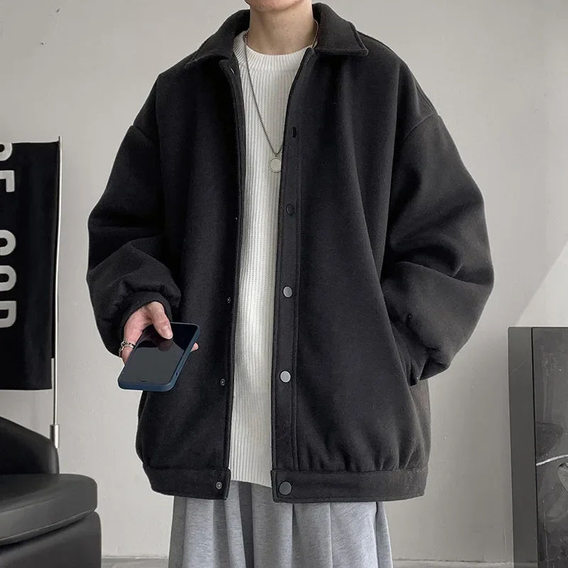 Winter Korean Tweed Jacket Men Oversize Thickening Lapel Woolen Coat Unisex Hong Kong Style Youth Button Up Simple Top