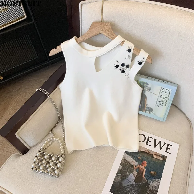 White Stylish Slim Knit Sweater Vests Women\'s Crop Tops 2024 Summer Sleeveless Hollow Out Tees Sexy Fashion Streetwear Vest