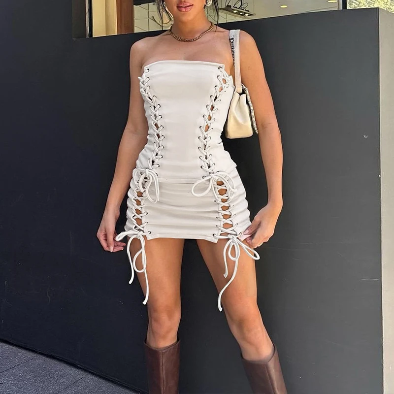 

OMSJ Sexy Irregular Criss-cross Lace Up Two Piece Set Solid Color Strapless Tube Tops+Mini Package Hip Skirt Street Club Outfits