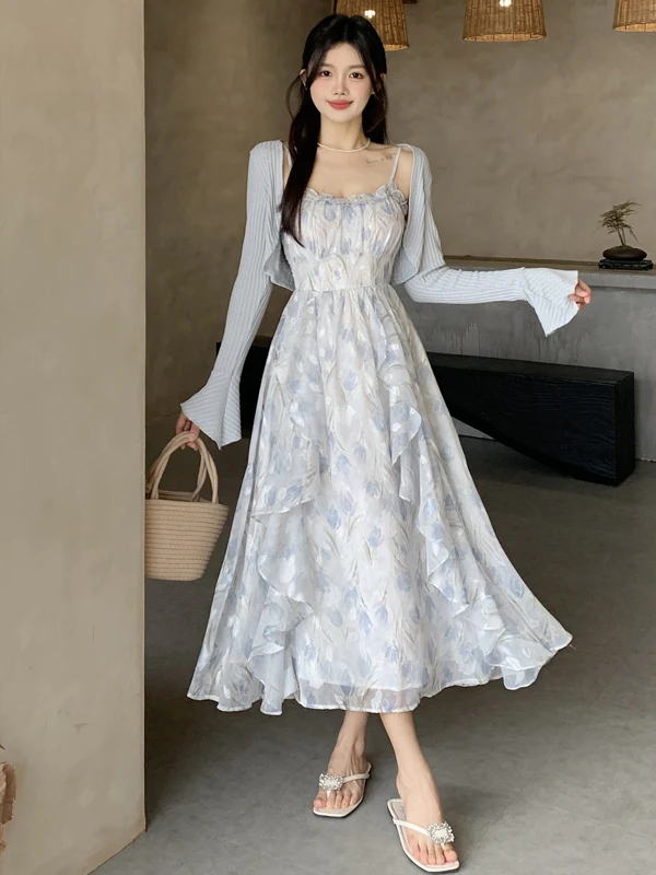 

Summer New plus Size Floral Print Halter Dress Conceal Meat Slimming Two Piece Set French Style Slim Fit Long Sleeve Midi Dress