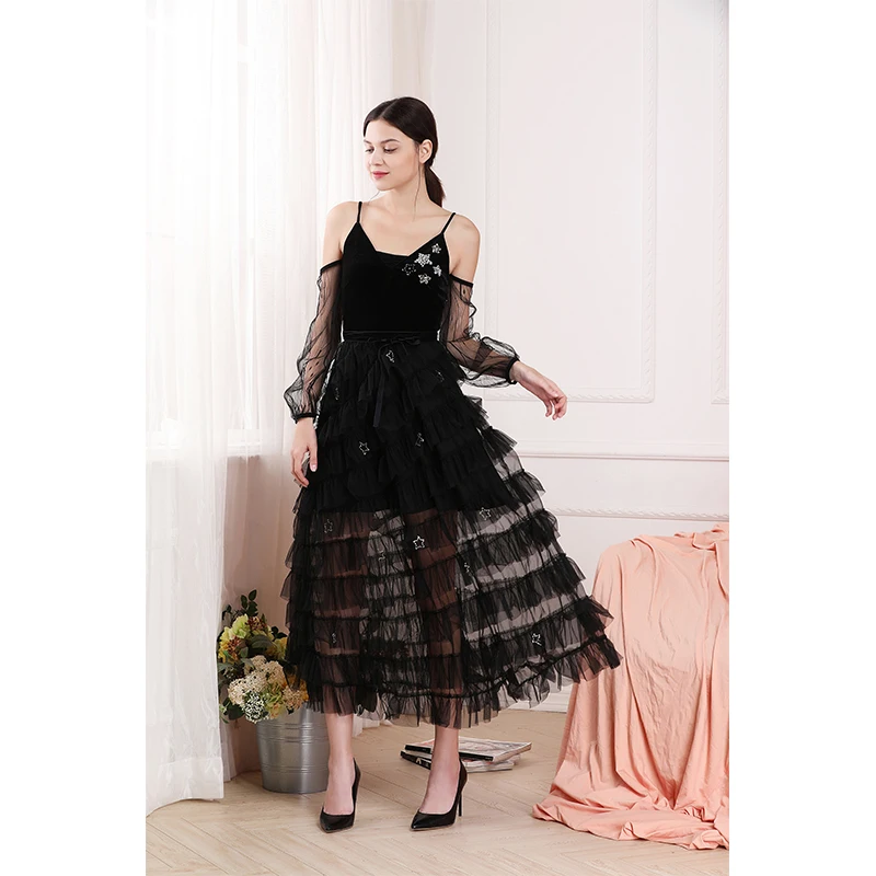 

V-neck Transparent Layered Sexy Elegant Black Mesh Prom Dresses Exquisite High Quality Prom Party Gowns for Women Customized