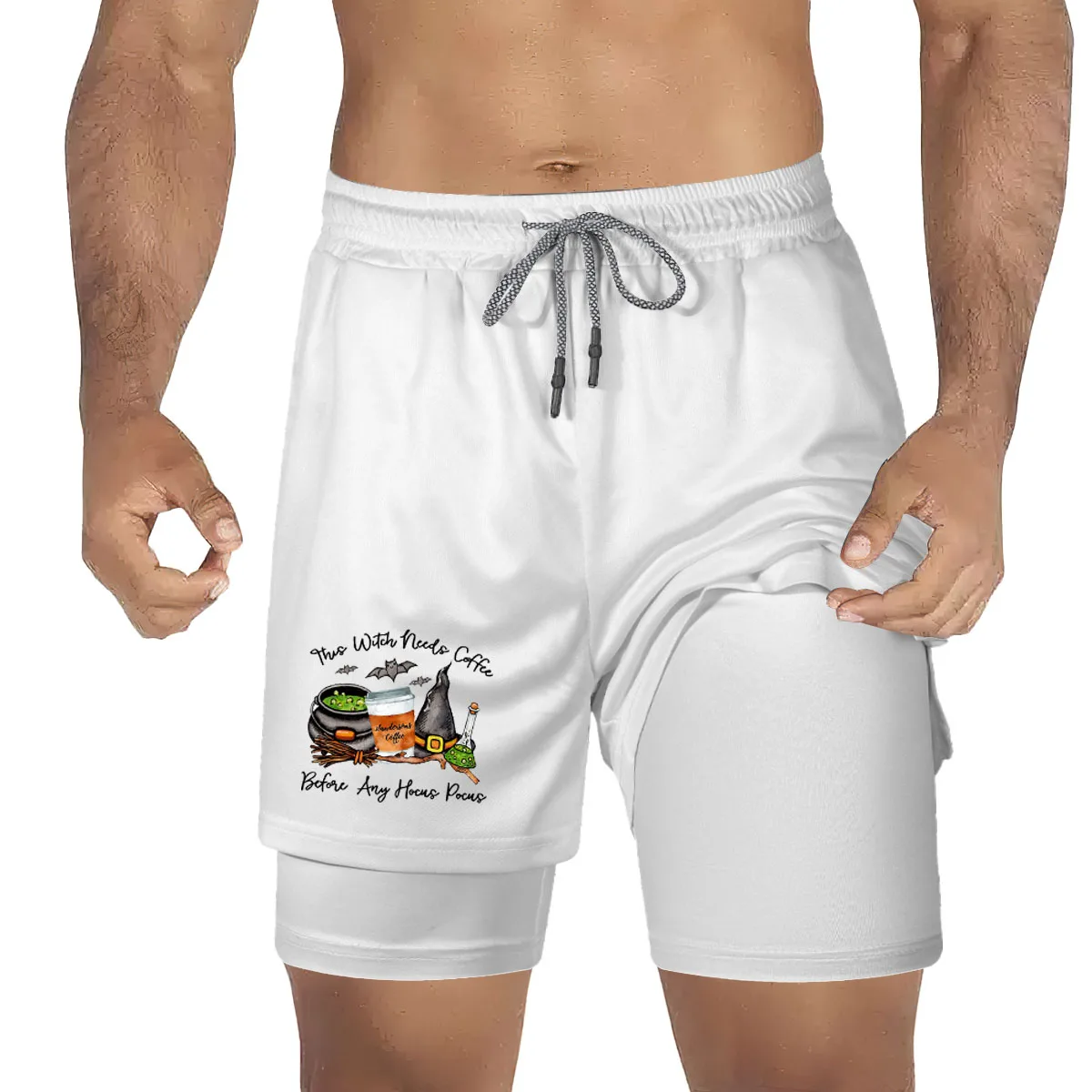 2024 Halloween Hexe bedruckte Shorts 2-in-1 schnell trocknende atmungsaktive Lauf Fitness Fitness Training Doppels chicht Shorts XS-3XL