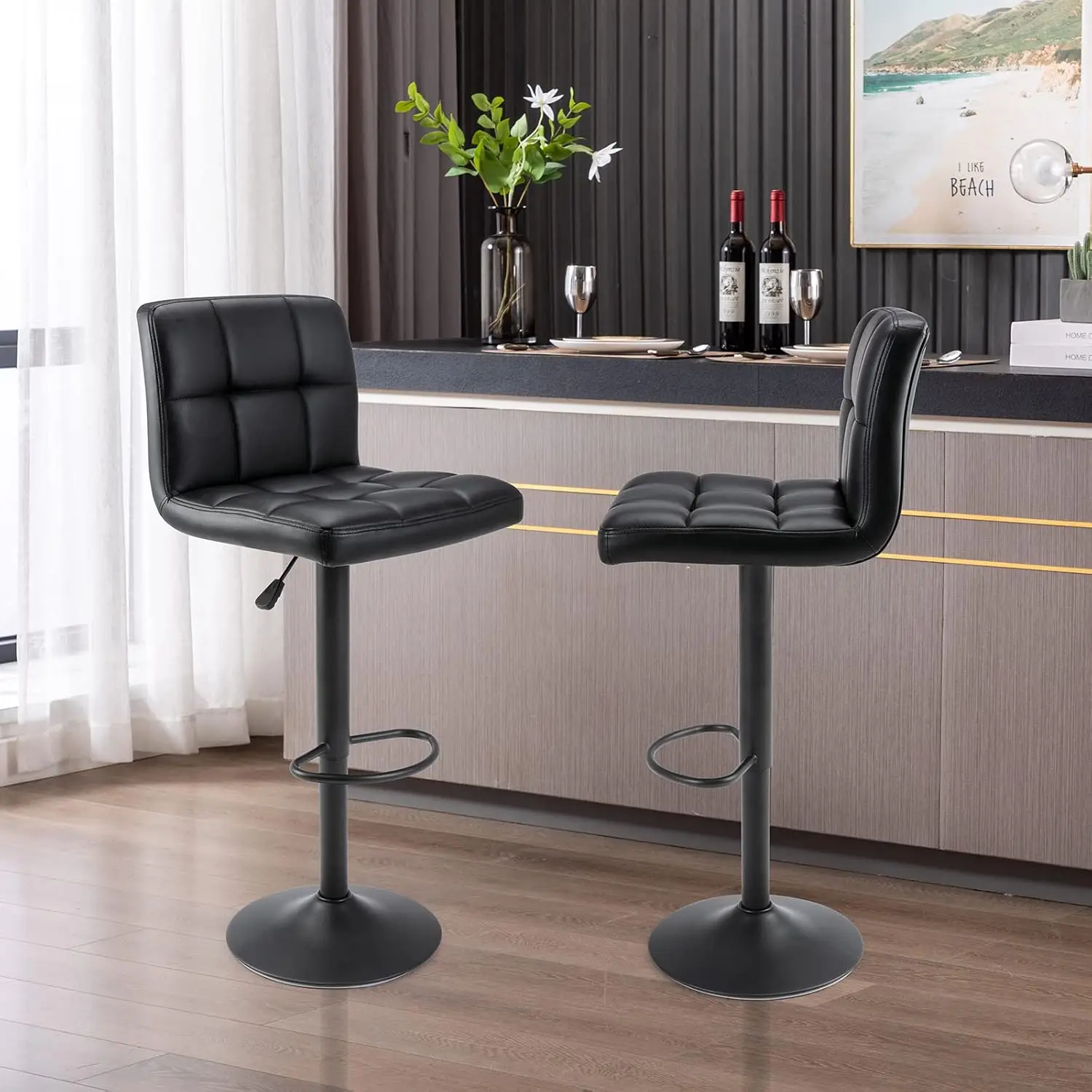 Leather Square Bar Stools, Modern Adjustable Swivel Barstools with Back, Armless Airlift Counter Heigh