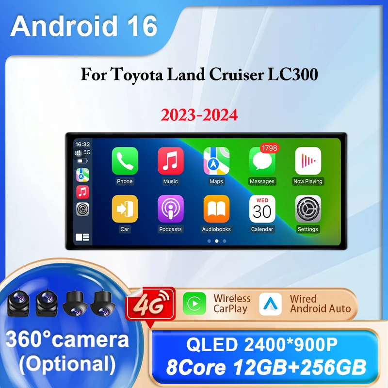 

12.3-дюймовый мультимедийный проигрыватель для автомобиля на Android для Toyota Land Cruiser LC300 2023-2024, навигация GPS, CarPlay, Bluetooth
