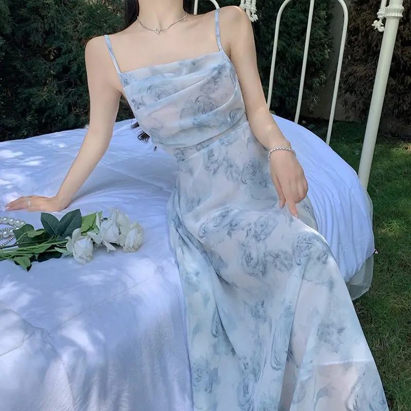 

Design Dress Fairy Lightweight Chiffon Dress Summer Off-the-shoulder Sexy Lace-up Party Evening Dress Women Floral Dresses Chic