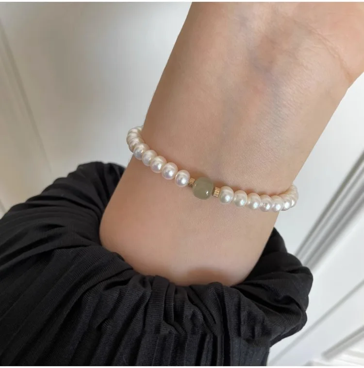 High Quality Near Round Natural Freshwater Pearl & Hotan Jade Female Beads Chain Bracelet Jewelry For Women Birthday Gifts