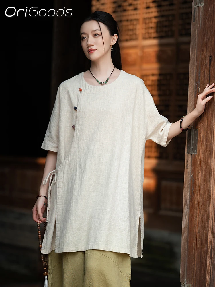 OriGoods surdimensionné longue Blouse lin 2025 été nouveau à manches courtes chemise longue femme Ramie coton Style chinois coupe ample haut C121