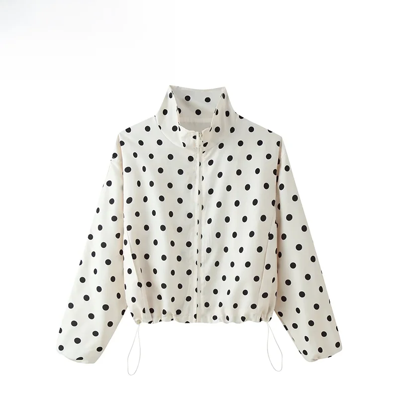 

Fashionable ZR Women's Zipper Long Sleeve Short Jacket Summer New Style Beige Hem Cuffed Polyester Standard Fit Polka Dot Pat...