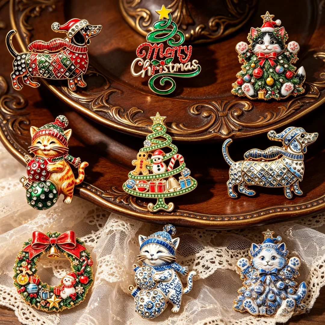 Baroque Luxury Christmas Dog and Cat Christmas Tree Wreath Design Men's and Women's Brooches and Pins—Fashion Accessories