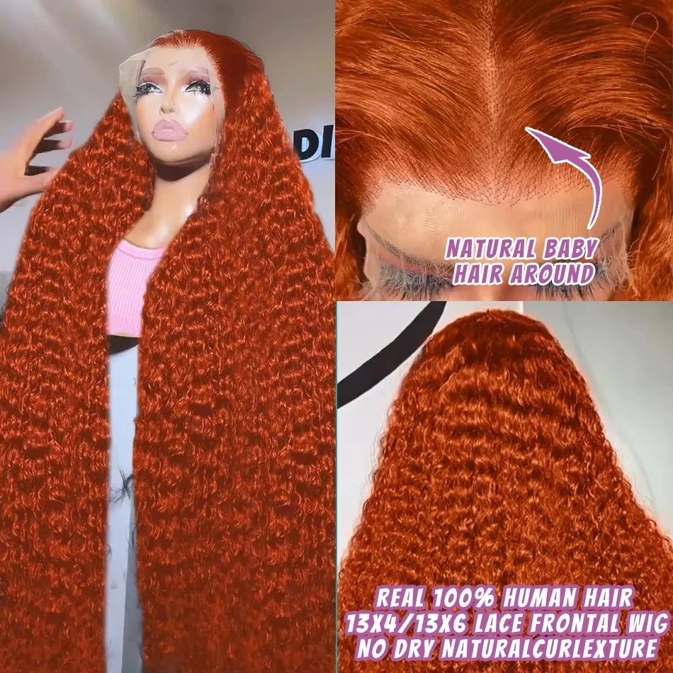 SoulGlow 40 بوصة 350 الزنجبيل غريب مجعد 13x6 HD الدانتيل الجبهة خصلات الشعر المستعار الإنسان برتقالي اللون موجة عميقة 13x4 شعر مستعار أمامي للنساء