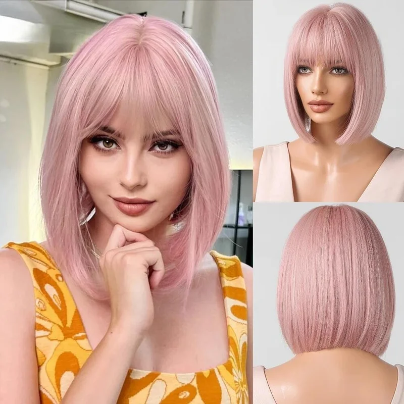 

Exclusive Light Pink Short Straight Bob Synthetic Cosplay Wig with Bangs