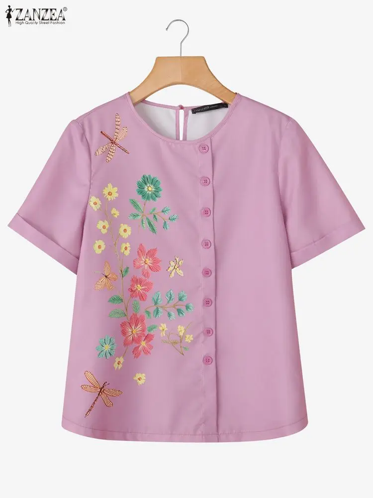 เสื้อผู้หญิง ZANZEA ลายดอกไม้ สำหรับฤดูร้อน สไตล์วินเทจ เหมาะสำหรับใส่ทำงานหรือใส่ลำลอง คอทรงโอ แขนสั้น ติดกระดุม ทรงหลวม
