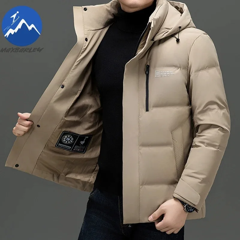Chaqueta larga de invierno para hombre, 90% plumón de pato, abrigo grueso y cálido con capucha extraíble, ropa informal de negocios de cuero PU resistente al agua
