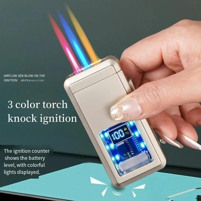 

Voice Controlled LED Butane Lighter Three-Color Flame Counting Transparent Visual Movement Inflatable Windproof Cigar Lighter