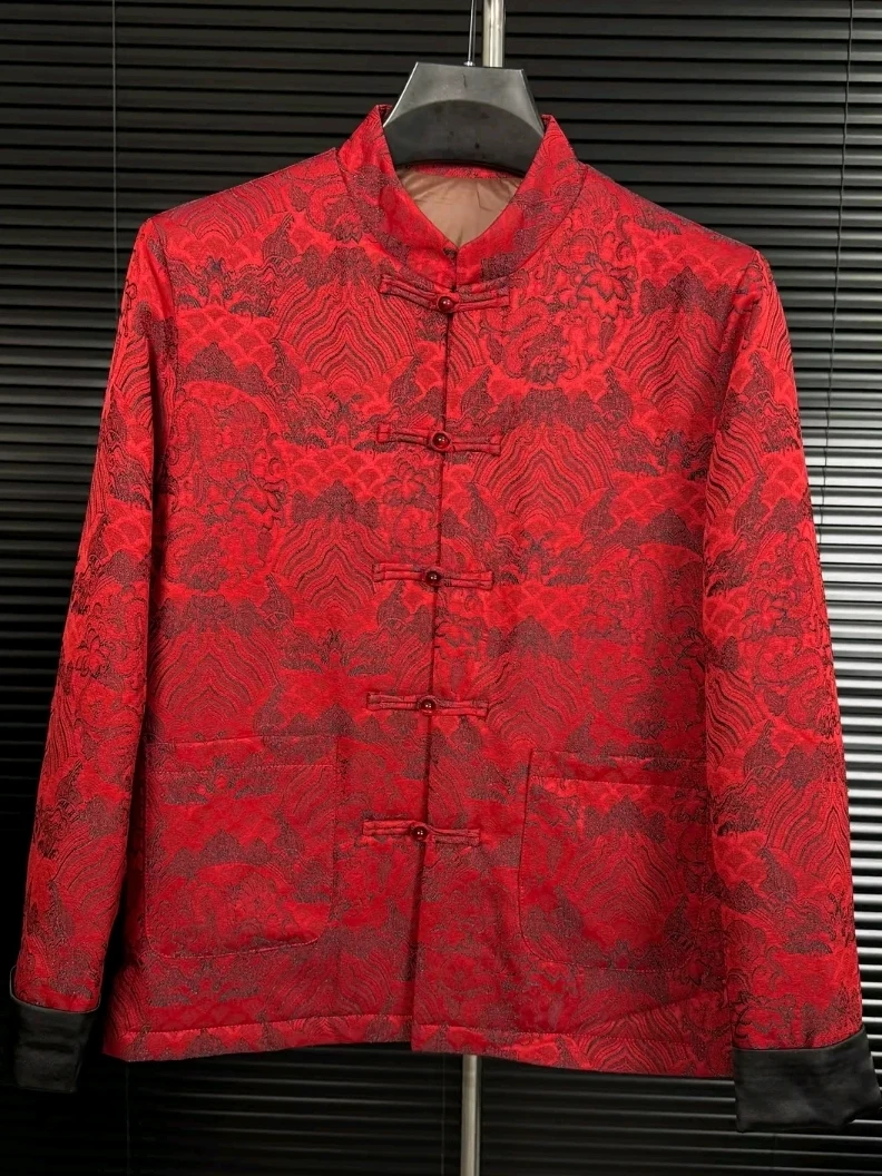 

Men's New Autumn Winter Red Fire Sle Tang Suit Jaet National Trend Wind Button Versatile Haome Long Sve Casual Wear