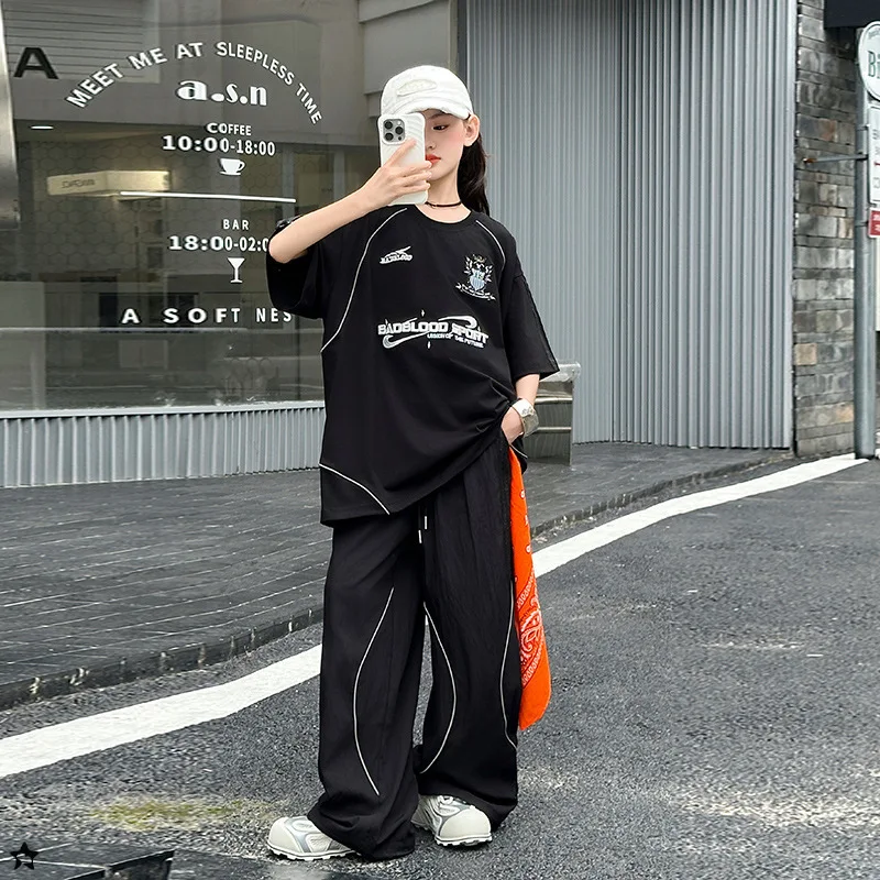 

Летние комплекты для девочек, комплекты в стиле хип-хоп, свободная спортивная одежда из двух предметов, одежда для выступлений для подростков