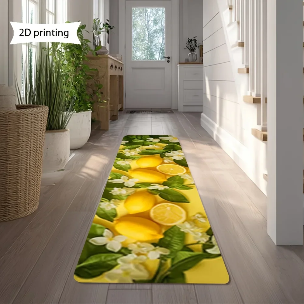 1pc, Long Rug with 2D Printed Design, Thickened Ultra Soft And Comfortable Lemon White Floral Green Leaf Yellow Themed Design,