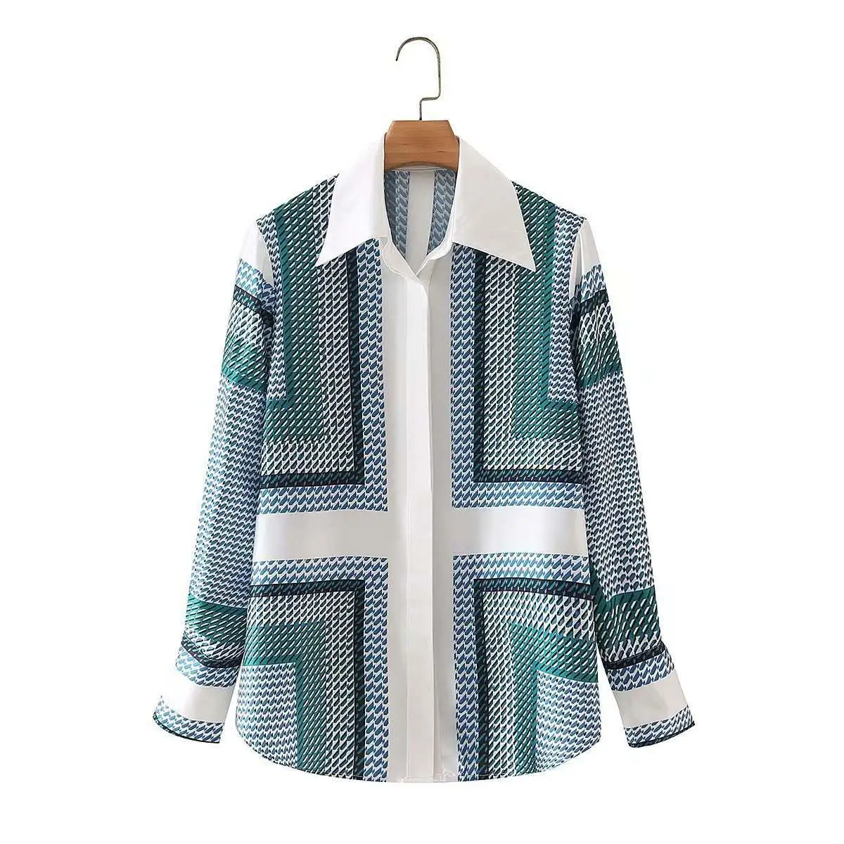 

Весенне-осенний женский длинный свек с принтом irt и воротником-стойкой, открытый кардиган с геометрическим позиционированием, модная женская блузка