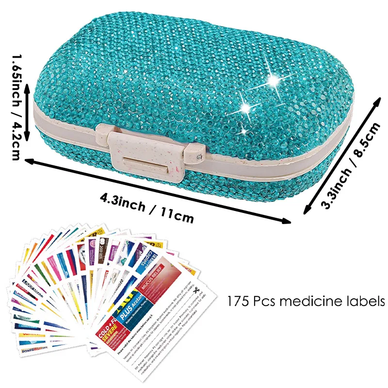 Travel Pill Organizer w/ Rhinestones 175 Medicine Labels 8 Compartments Moisture Proof Pill Case Mini Medication Organizer Set
