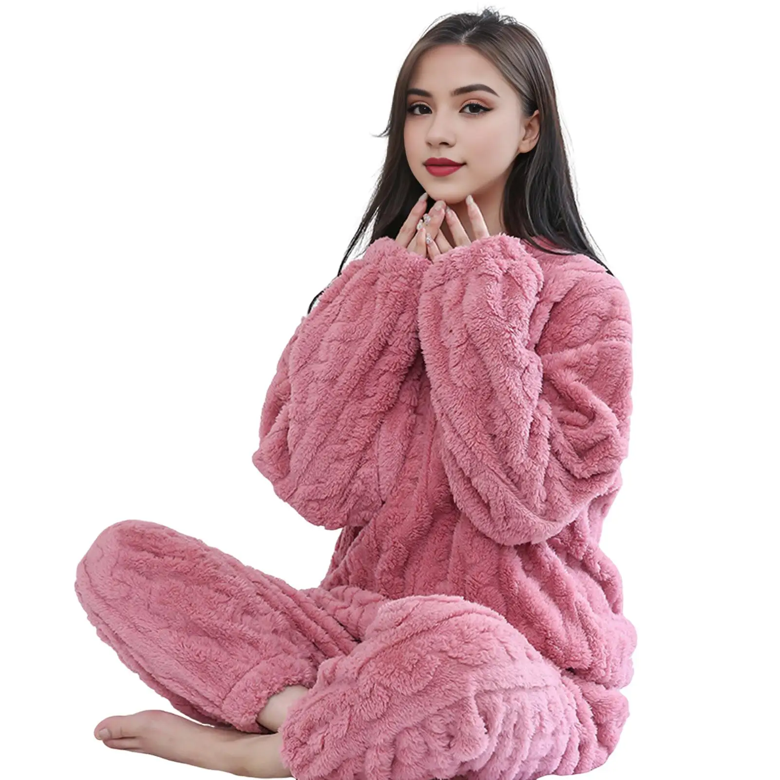 

2 piece Set Thickened Warm Fashion Velvet Pajamas Autumn Winter Padded Ladies Casual Elastic Striped Comfortable Homewear