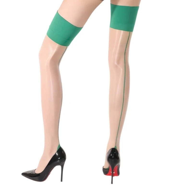 3D Oil Shiny Contrast Color Cuban Heel Back Seam Thigh High Stockings Women Sexy Ultra Thin Transparent Pole Dance Clubwear