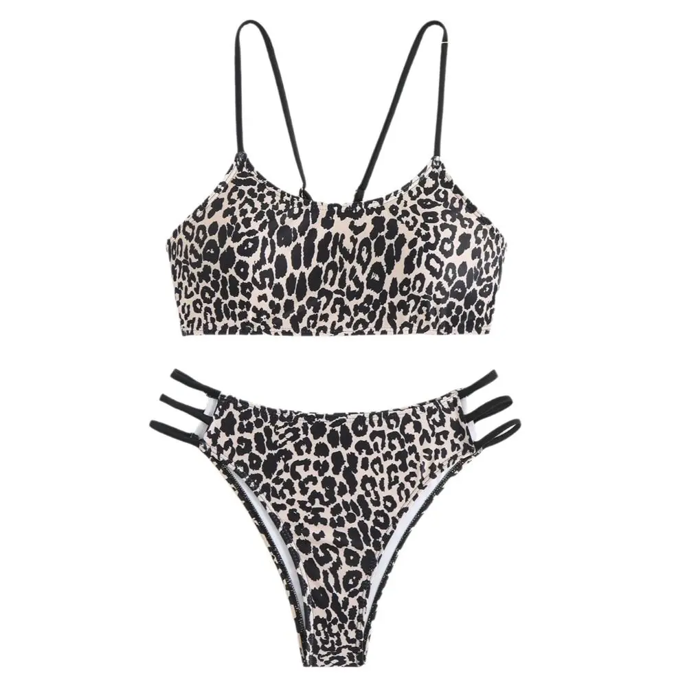 2pcs Cute Leopard Print Bikini Set for Women Sexy Summer Bathing Suit Aesthetic Hollowed-out Women Swimwear Set Beach Vacation
