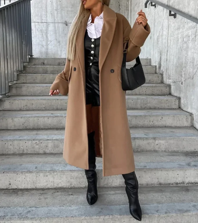 CPSYMYM Damenmantel Herbst Winter Langarm Kerbkragen Zweireiher Feste Beiläufige Lose Lange Wolljacke Mantel