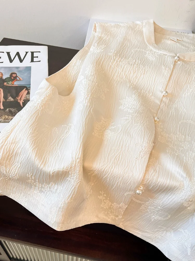 Elegant Pearl Buttoned Vest Women's Summer Lightweight Retro New Chinese Style Embroidered Shoulder Pad Jacket Top