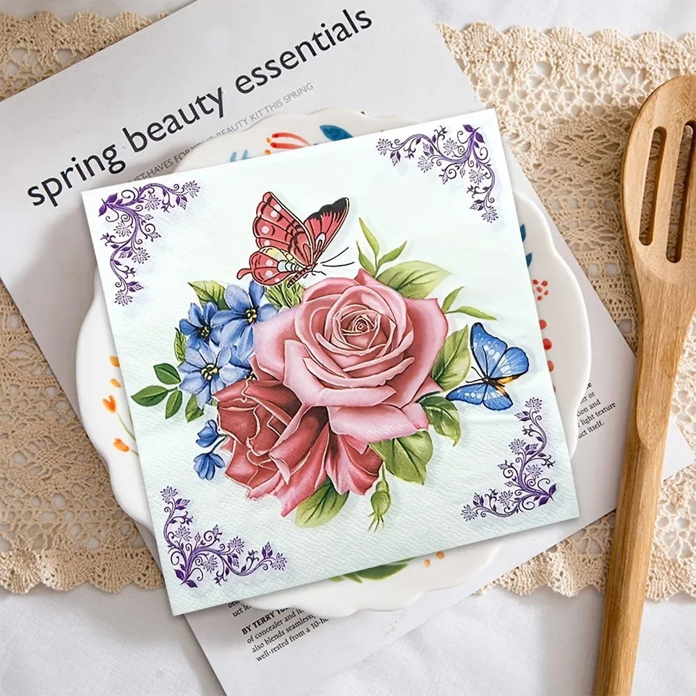 Tovaglioli usa e getta da 40 pezzi Tovagliette in carta stampata con fiori colorati e farfalle, fazzoletti quadrati per l'impostazione del tavolo da pranzo per feste in hotel