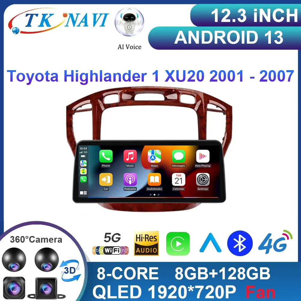 

Автомобильный радиоприемник 12,3 дюймов Android 13 для Toyota Highlander 1 XU20 2001-2007, мультимедийная навигация QLED WIFI Bluetooth DVR 360 камера