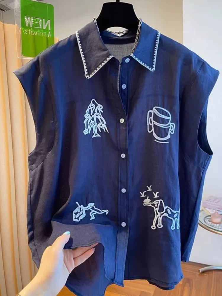 

Plus Size Summer Embroidery Shirt Women Sleeveless Loose Chic Woman Blouse Ladies Tops Roupas Feminina