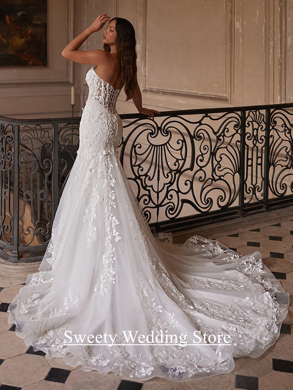 Exquisito vestido de novia de sirena, vestido de novia de encaje, perlas personalizadas, hombros descubiertos, apliques de corazón, vestidos de novia de cola de corte