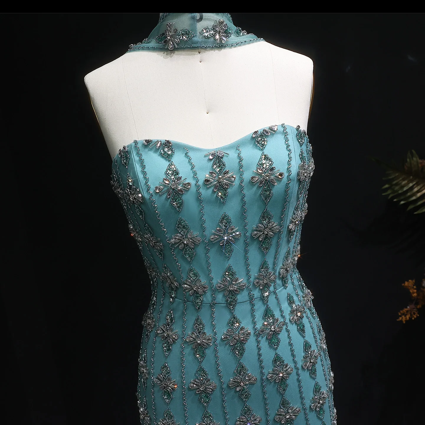 Sharon Said Luxury Dubai Beaded Nude Evening Dress with Scarf Elegant Strapless Arabic Prom Formal Party Gowns SS229 Customized image 6