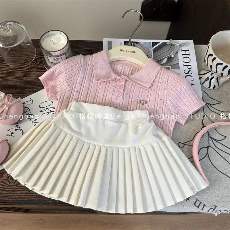 Girls Summer Outfit Children's Sweet Knitted Short Sleeve Top + Pleated Skirt Two-Piece Set Trendy Children's Clothing Set