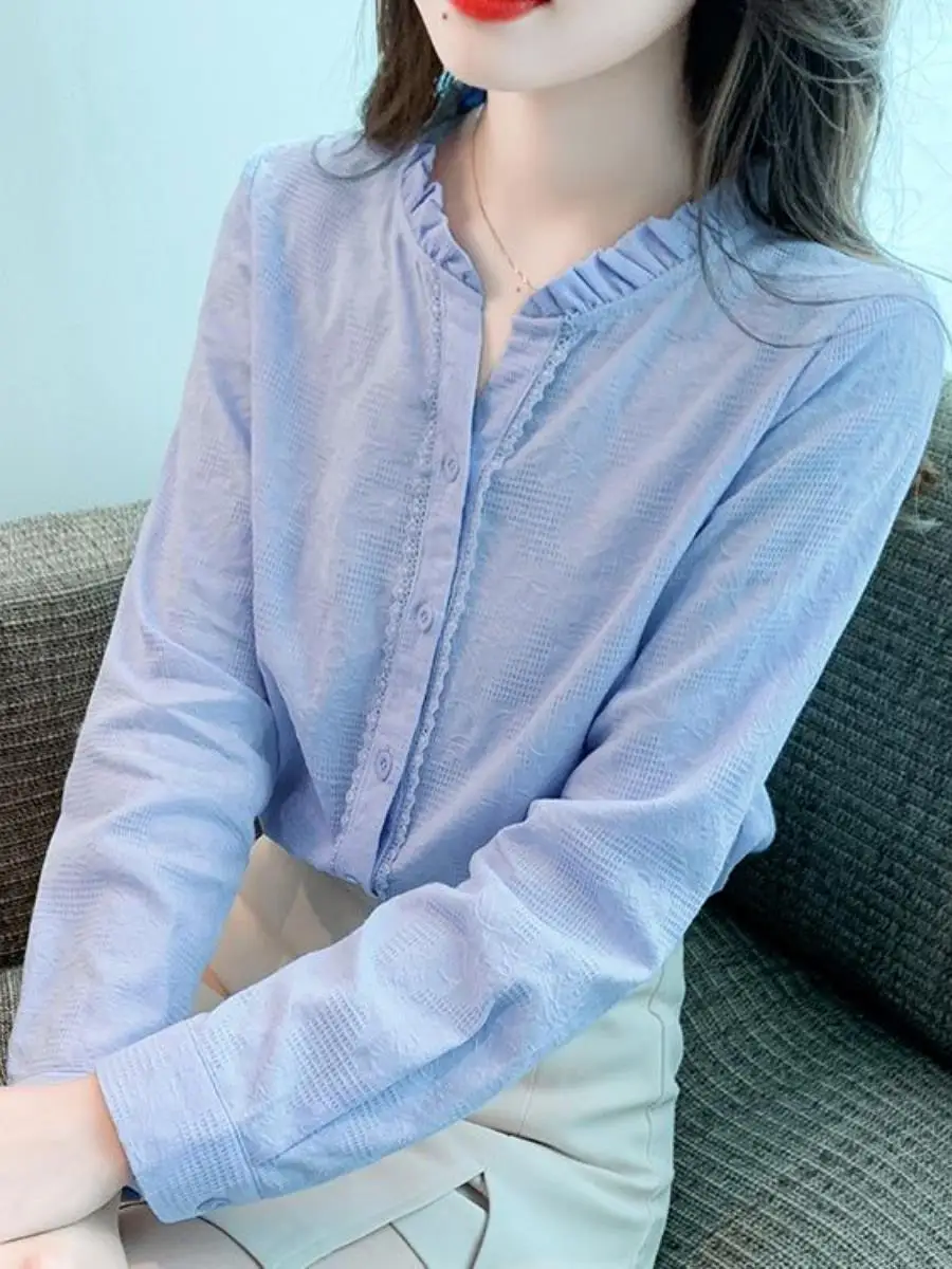 spring-autumn-2025-women's-cotton-long-sleeve-stand-collar-shirt-pure-color-block-two-piece-set-versatile-ladies'-top