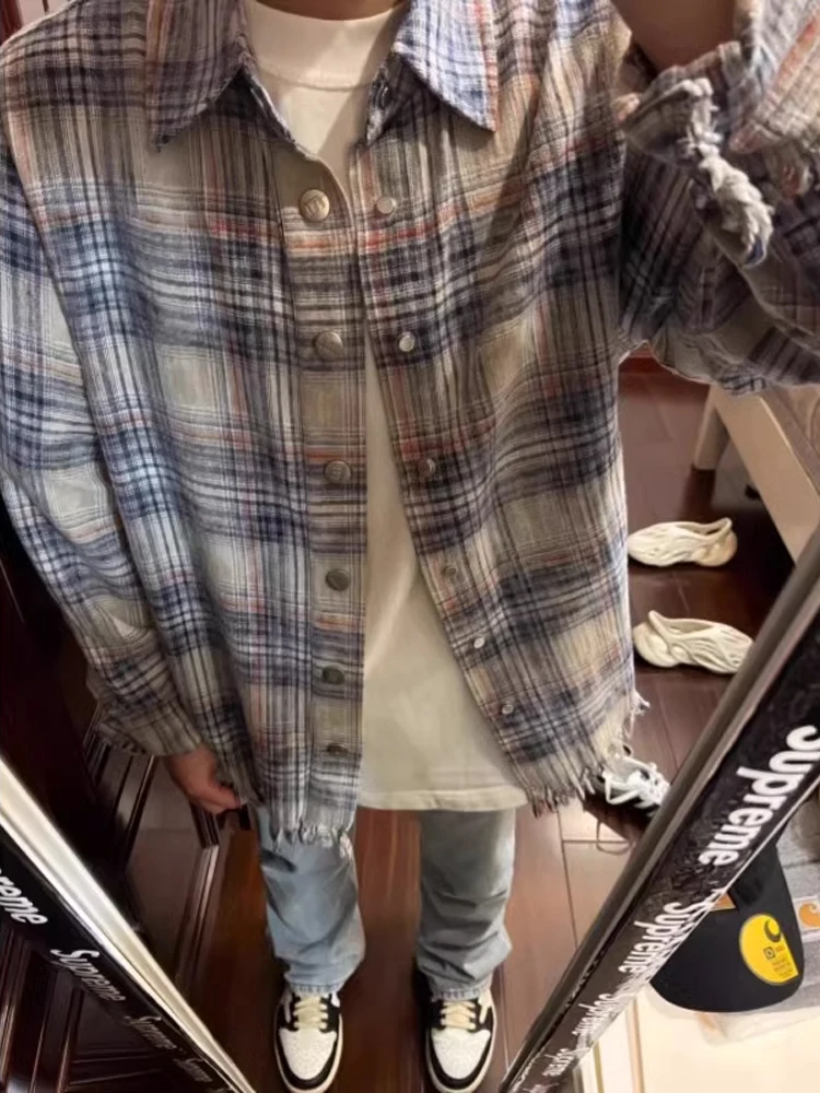 

Vintage Men's Long Sve irt American Retro Plaid Destroyed Hem irt Outerwear Casual Loose Fit Spring Youth Trend