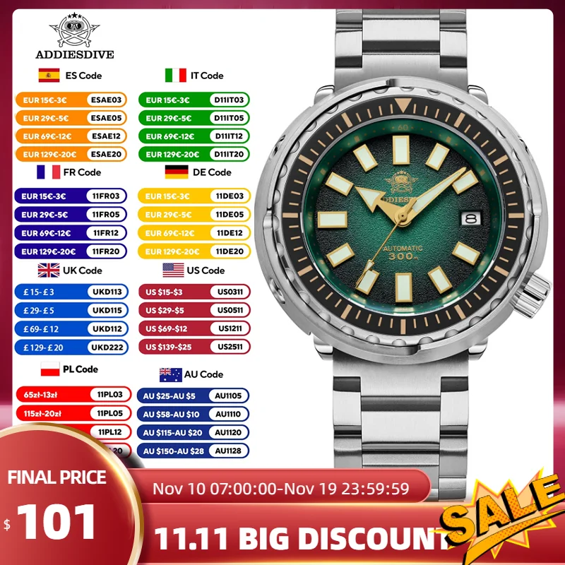

ADDIESDIVE Дайверские часы с сапфировым стеклом AR-покрытие, светящиеся 300 м, водонепроницаемые механические часы из нержавеющей стали для мужчин AD2090