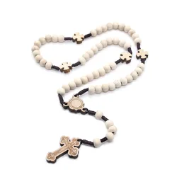 White Wooden Beads Cross Necklace Religious Jewelry Catholic Rosary Necklace Orthodox Christ Prayer Beaded Necklace Dropshipping