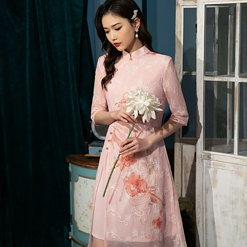 

Улучшенное Cheongsam Aodai, элегантное китайское сценическое платье, костюм для выступлений, женское элегантное китайское женское платье Ципао с вышивкой