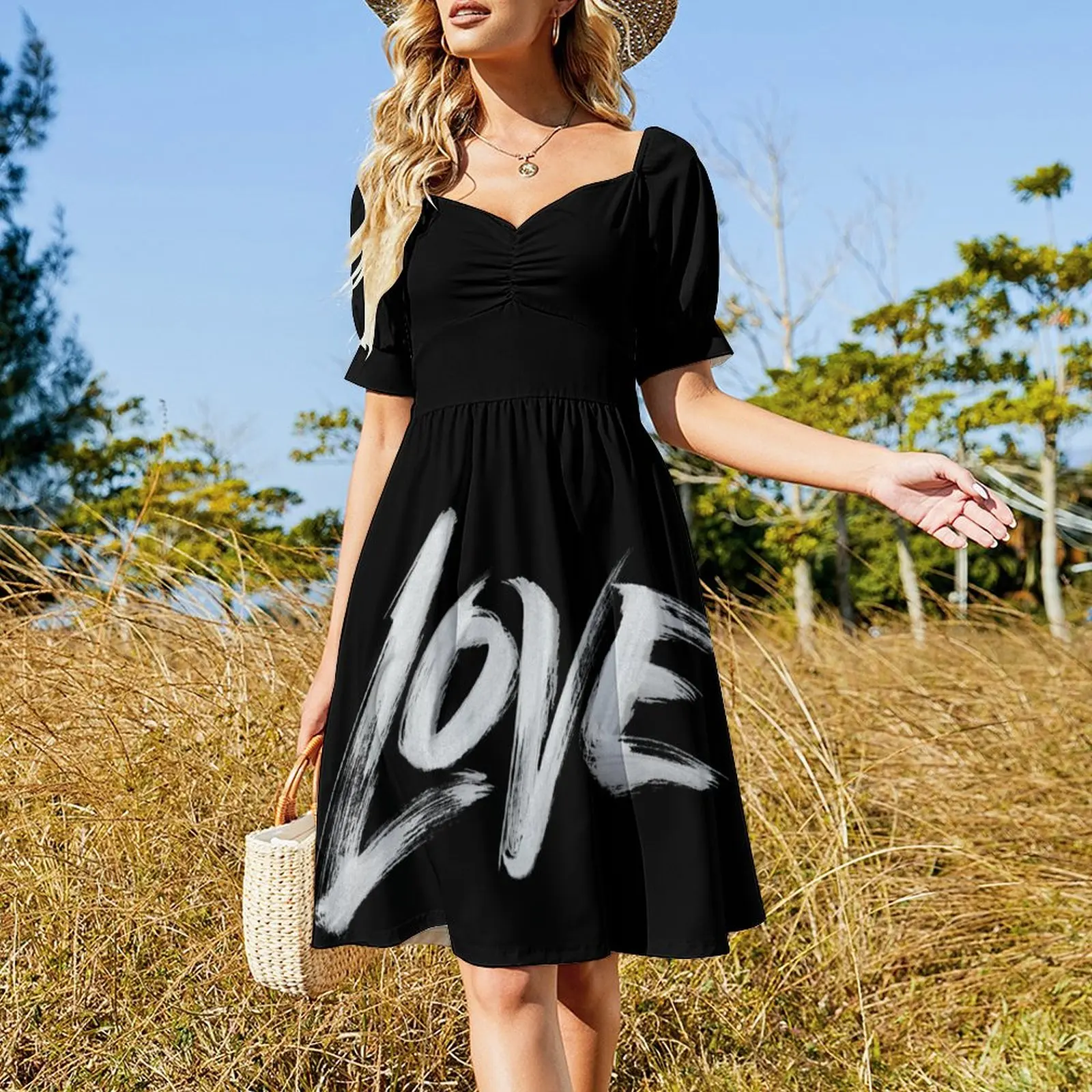 Zen Brush Love Word - Lettering - White Calligraphy Short Sleeved Dress evening dresses luxury 2025 elegant dress Dress