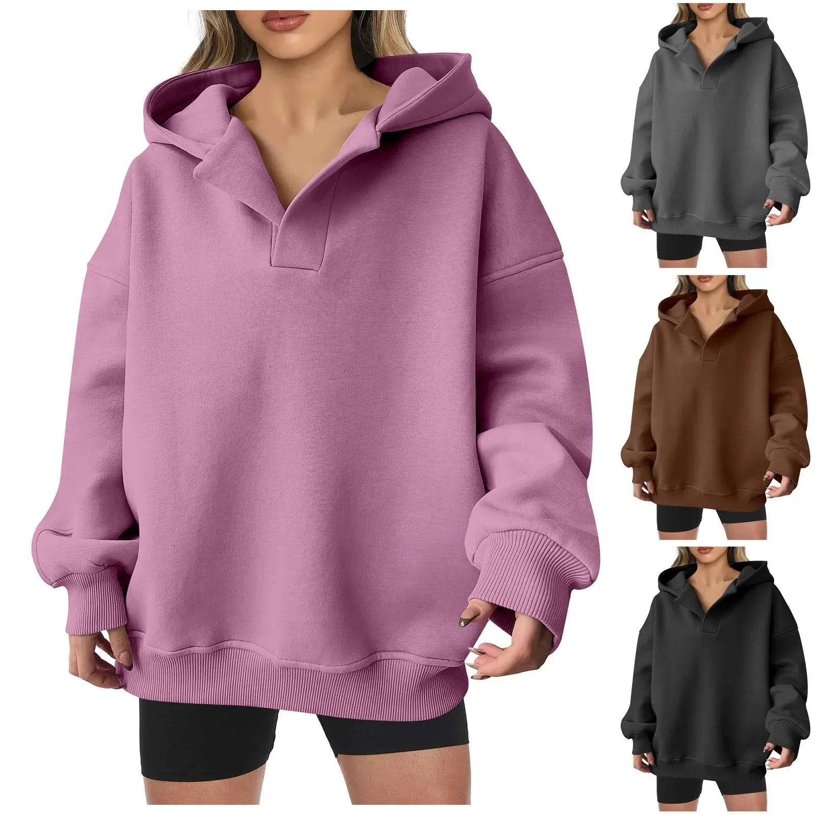 Women\'s V Neck Hoodie Oversized with Pocket Classic Fleece Lined Sweatshirt Plain Streetwear Winter Clothes