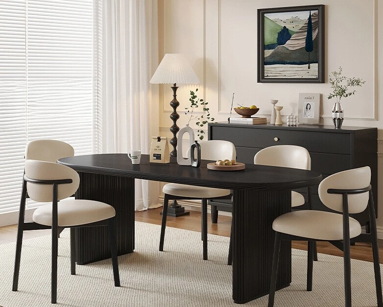 

French all-solid wood dining table, curved household small apartment dining table against the wall, black medieval dining