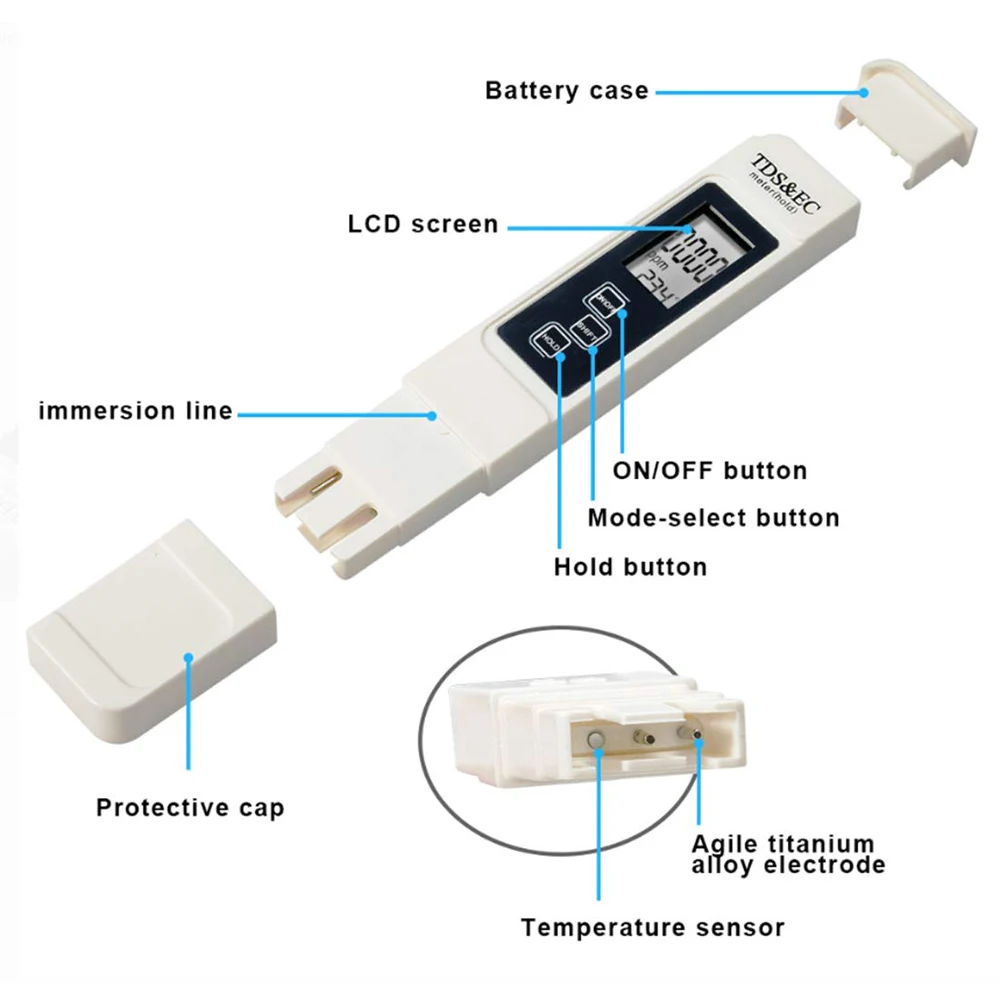 Digital Water Quality Tester Range 0-9999 TDS EC Meter Titanium Probe Water Purity Temperature TEMP PPM Tester for Aquarium Pool