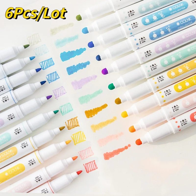 6Pcs/Lot Colored Dot Markers Pen Stationery Highlighters Set Dual Tips Round  Waterproof Watercolor  Painting Art Supplies