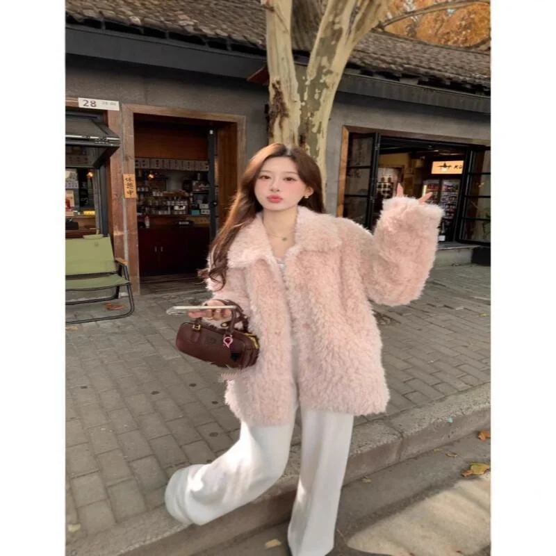 Roupa diária ao ar livre 2025 nova pele do falso lã de cordeiro outono inverno casaco feminino estilo coreano lapela grosso quente fofo solto design topos