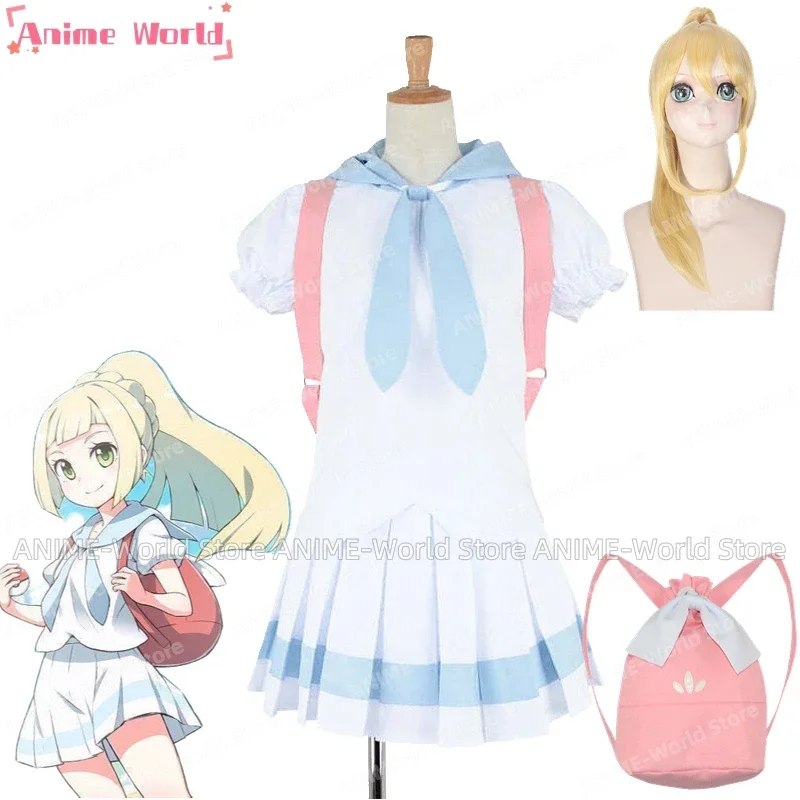 《Custom Size》Anime Sun and Moon Lillie Cosplay Costume Outfit Cosplay Costume Lolita Dress with Bag Halloween Wig Christmas