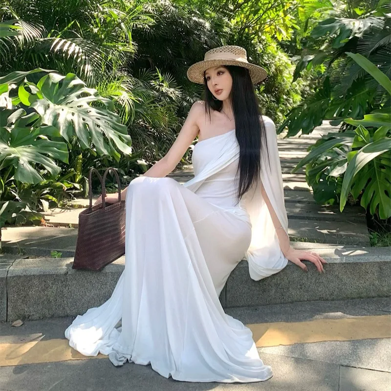 Vestido Longo E de Camadas Duplas Sem Mangas com Ombro Assimétrico Moda Fena Estilo Coreano Cor Pura Vestido H-Line